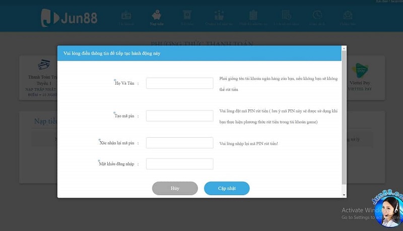 nạp tiền tài khoản jun88