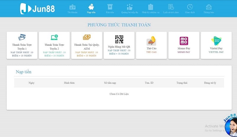 nạp tiền tài khoản jun88