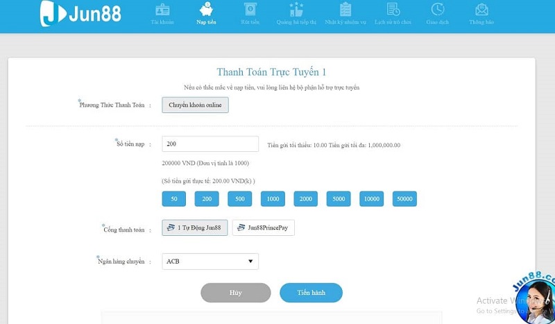 nạp tiền tài khoản jun88