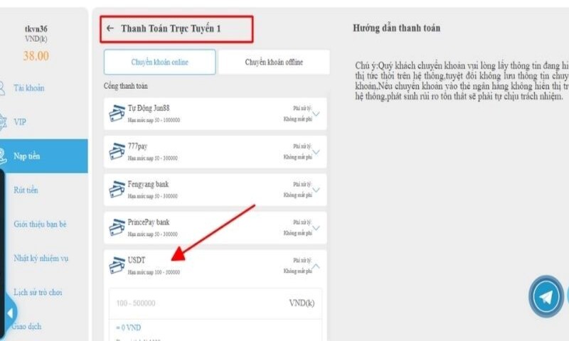 Các bước nạp tiền USDT Jun88