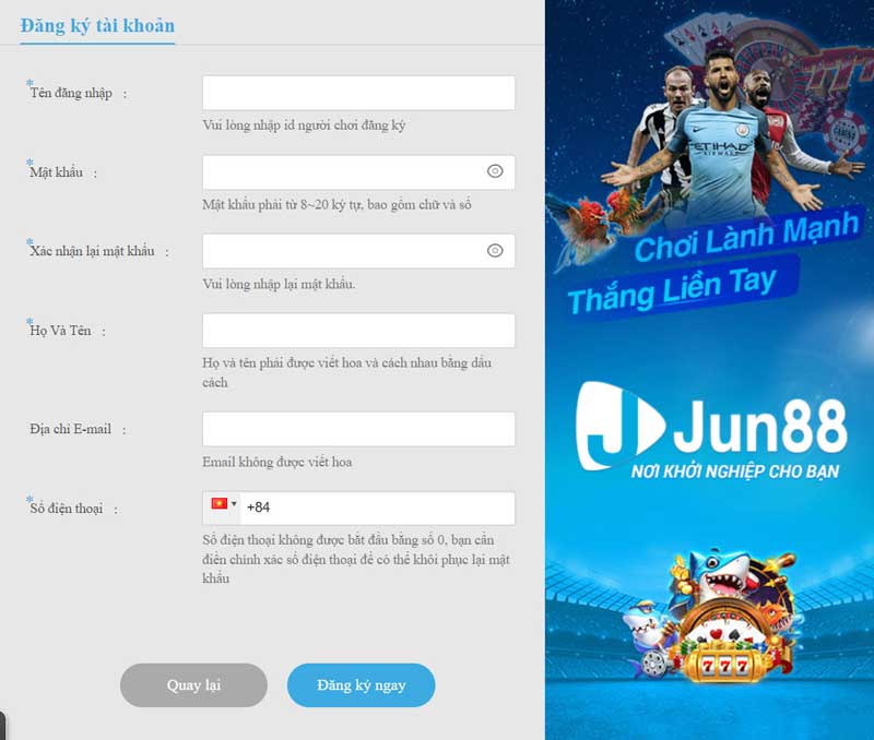 Điền đầy đủ thông tin đăng ký Jun88
